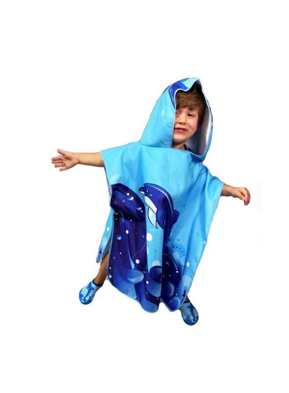 Ponczo plażowe kąpielowe z kapturem ręcznik Delfin Blue
