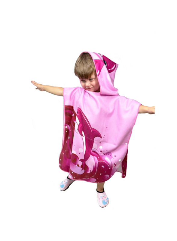 Ponczo plażowe kąpielowe z kapturem ręcznik Delfin Pink