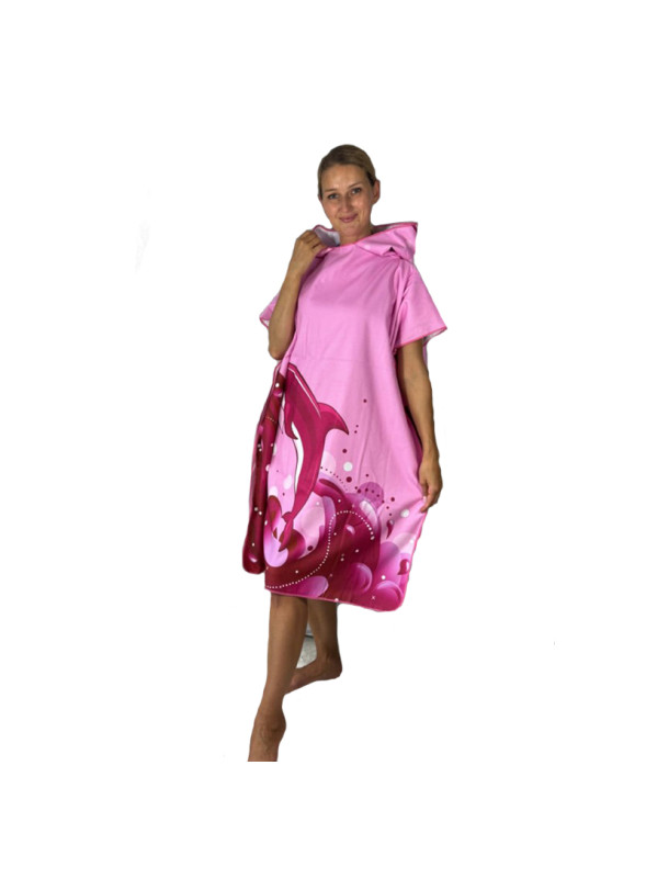 Ponczo plażowe kąpielowe z kapturem ręcznik - Delfin Pink